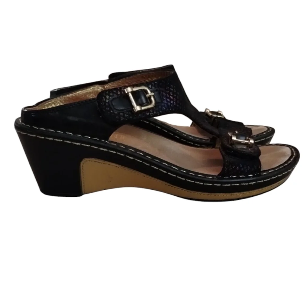 Algeria Women’s Lara T-Strap Wedge Sandals Black & Gold Metallic Size 37